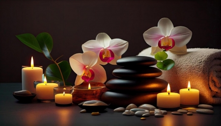 Spa set - candles, flowers, orchids, stones