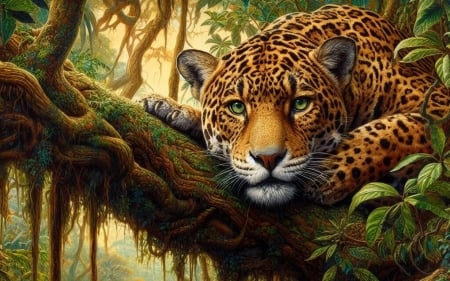 Jaguar - moss, jaguar, tree, AI art