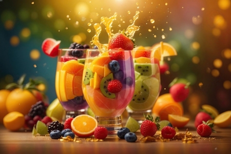 Fruits juice - fruits, lemons, slices, splash, strawberries