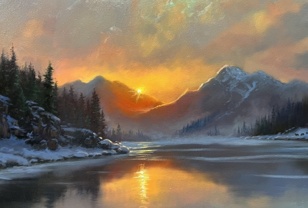 Alpine Lake by Mark Keathley - artwork, clouds, mountains, painting, reflections, sky, snow, sunset, trees, water