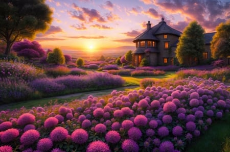 Garden of purple flowers - house, summer, beautiful, spring, freshness, flowers, village, countryside, sunset, purple, garden, peaceful, art, sky, cottage