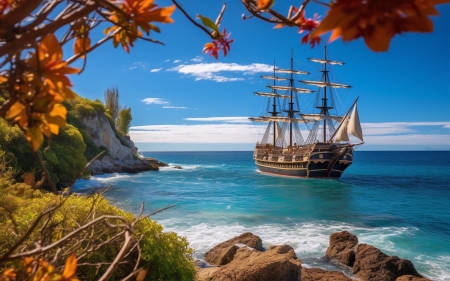 Pirate Ship - clouds, coast, leaves, ocean, rocks, sailing, sky, tree, water
