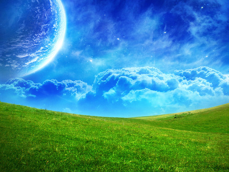 Another World II - majesty, blue, amazing, landscape, beaty, gourgeous, grass, earth, space, fabulous, nice, sky, clouds, moon, abstract, trees, beautiful, colors, cool, moons, grasslands, customized, awesome, green