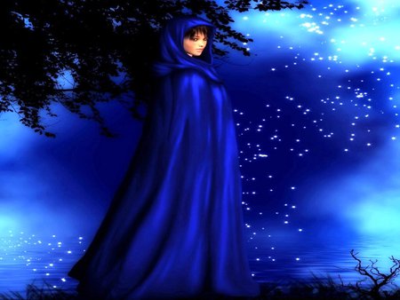 THE BLUE CLOAK - girls, woman, sky, trees, lips, female, eyes, magic, emotional, glanced blue girl at night, wonderful, fantasy, face, cloak, pretty, rivers, lady, stars, sad, glanced, night, lovely, shining, blue, twilight, mystery girl, sweet, emo