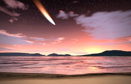 cosmic beach revisited - sky, comet, clouds, pink, orange, sea