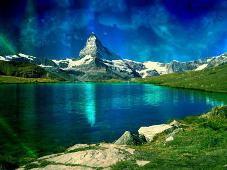 Matterhorn - abstract, fantasy, blue, green, mountains, matterhorn, lakes