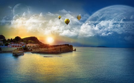 Balloon Ride - beauty, sky, mountain, journey, blue, water, ray