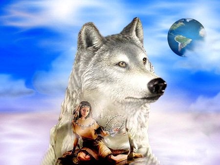 WOLF MAGIC - wolf, indian, animal, dream catcher, earth