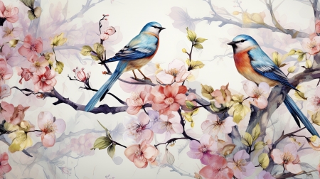 Two birds on the Flowers - birds, flowers, graphic, twigs