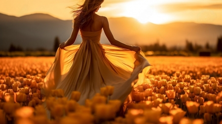 Woman at sunset - field, sunset, tulips, woman