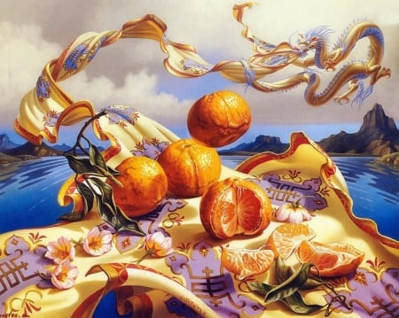 Oranges - surreal, fantasy, pictura, blue, painting, fruit, orange, art