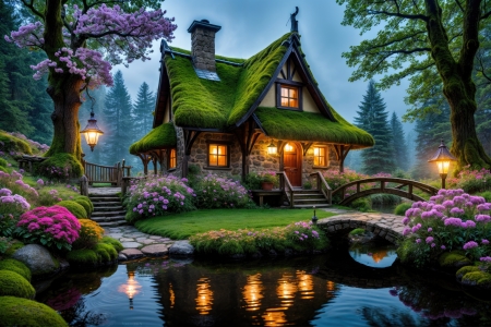 Gnome cottage in the woods - beautiful, bridge, cottage, enchanted, fairytale, lake, lanterns, magical, moss, pond, reflection, spring