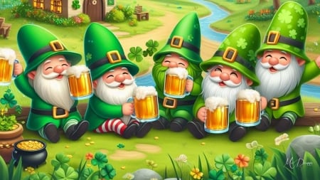 Celebrate Saint Pat - green field, flowers, saint patricks day, shamrocks, green, irish, gnomes