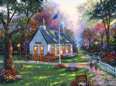 Mincy Schoolhouse by Robert Finale - artwork, cottage, lights, painting, trees