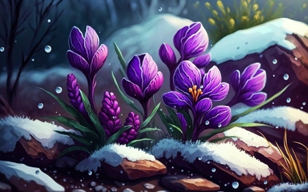 Purple Flowers and Snow - art, blossoms, digital, frosty, petals