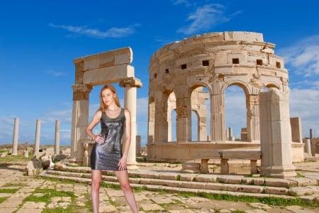 Ivi Rein Posing in Libya - dress, redhead, libya, model, ruins