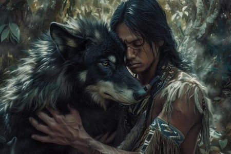 :) - wolf, hugs, art, man, native, frumusete, american, fantasy, lup, pictura, hand, painting