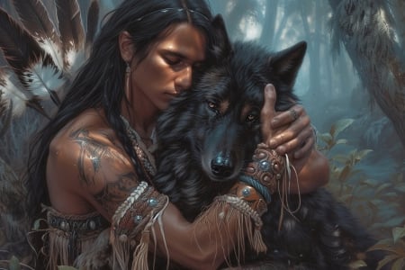 :) - wolf, hugs, art, man, native, frumusete, american, fantasy, lup, pictura, hand, painting