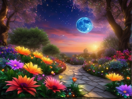 Colorful garden at sunset - csillagok, napnyugta, novenyzet, szeszelyes kert, szines viragok, telihold, termeszet