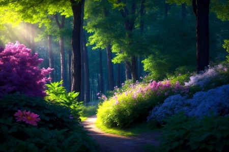  Road in the spring forest - erdei osveny, erdo, fak, napfeny, szines viragok, tavaszi, tavaszi erdo, viragzik