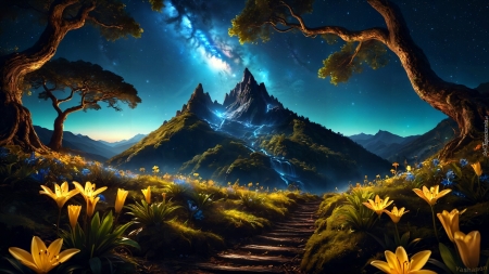 Flowers along the steps towards the mountains - ejszaka, fak, hegyek, lepcsok, szines viragok, tajkep, tejut, termeszet, viragok