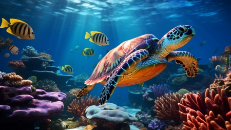 Underwater life - Sea Turtle - halak, korall, napfeny, teknosbeka, tenger, vizalatti elet