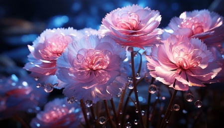 Opened pink flowers and water drops - harmat, kinyilt, novenyzet, rozsaszin, termeszet, viragok, vizcseppek