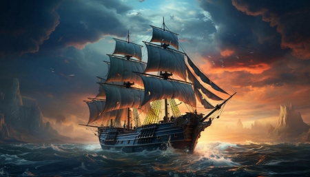 Sailing ship on the stormy sea - sotet egbolt, tenger, vitorlas hajo, vihar, sotet felhok, hullamok