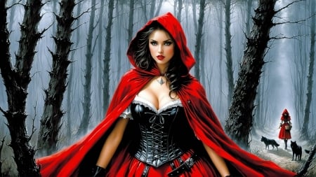 Red Riding Hood - art, red, red riding hood, fantasy, girl, forest