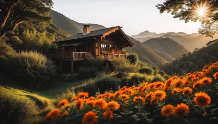 A flowery meadow and a house on a hill - domb, haz, hegyek, napsugarak, novenyzet, tajkep, termeszet, viragos mezo