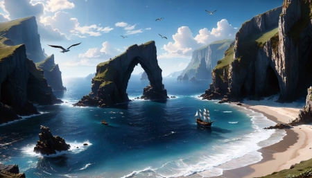 Rock arch and sailing ship in sea bay - madarak, obol, sziklaiv, sziklak, tajkep, tenger, tengerpart, vitorlas hajo