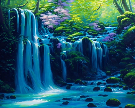 Beautiful waterfall, deep in a forest - beauty, blue, fall, forest, nature, water