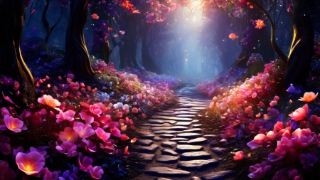 A path in the enchanted fantasy forest - elenk szinek, erdo, fak, koves ut, napfeny, novenyzet, osveny, szines viragok