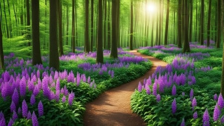 Spring green forest with flowers