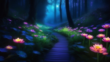 Enchanted forest - elvarazsolt erdo, fak, kek erdo, napnyugta, novenyzet, osveny, szines viragok, termeszet, ut