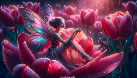 A fairy sitting on a tulip petal - szarnyak, virag, novenyek, tunder, rozsaszin, ules, tulipanok