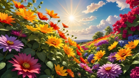 Vibrant florals  under a radiant sun-swept sky - egbolt, elenk szinu, napsutotte, novenyek, szines viragok, tajkep, termeszet, viragok