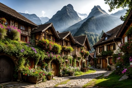 Village in the mountains - alpesi hegyek, viragok, termeszet, falu, macskakoves ut