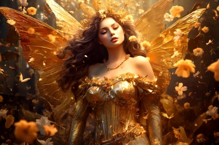 Golden fairy - fairy, female, flowers, forest