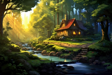 Illuminated wooden house in the forest next to a stream - erdo, fak, megvilagitott haz, patak