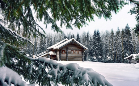 Wooden Cabin - cabin, house, landscape, seclusion, winter