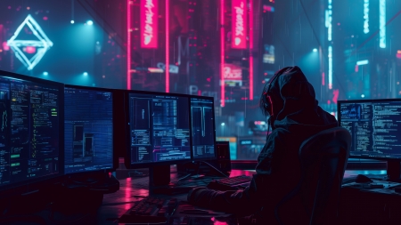 Futuristic Cyberpunk Hacking - 3d, computers, futuristic, shadows, silhouette