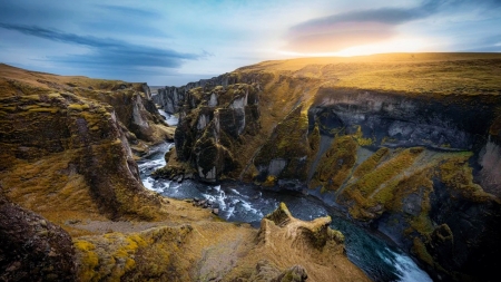 Fjadrargljufur, Iceland - clouds, river, trees, cascades, landscpe, sunrise, rocks, sky