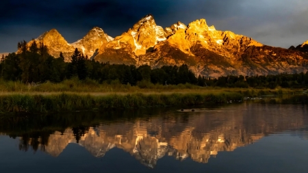 Grand Teton Sunrise - Wyoming - reflections, lake, water, rocks, usa