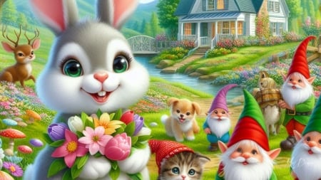 Easter Bunny & Gnomes - house, eggs, rabbit, gnomes, spring, Easter, bunny