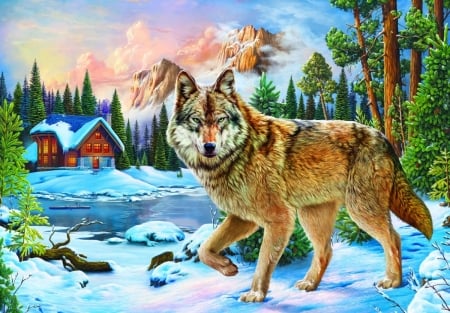 Wolf - house, lup, winter, pictura, wolf, painting, iarna, art