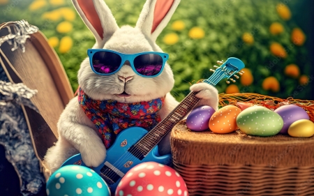 Cool Easter - art, basket, bunny, chair, digital, eggs, guitar, sunglasses