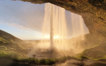 Seljalandsfoss, Iceland - cascade, clouds, rocks, sky, water
