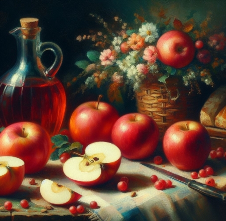 Sweet apples - basket, berries, flowers, honey