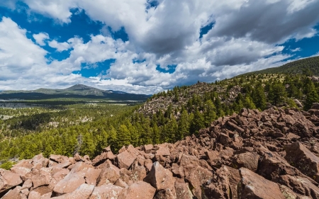 Ringing Rocks near Butte, Montana - clouds, hills, sky, stones, trees, usa